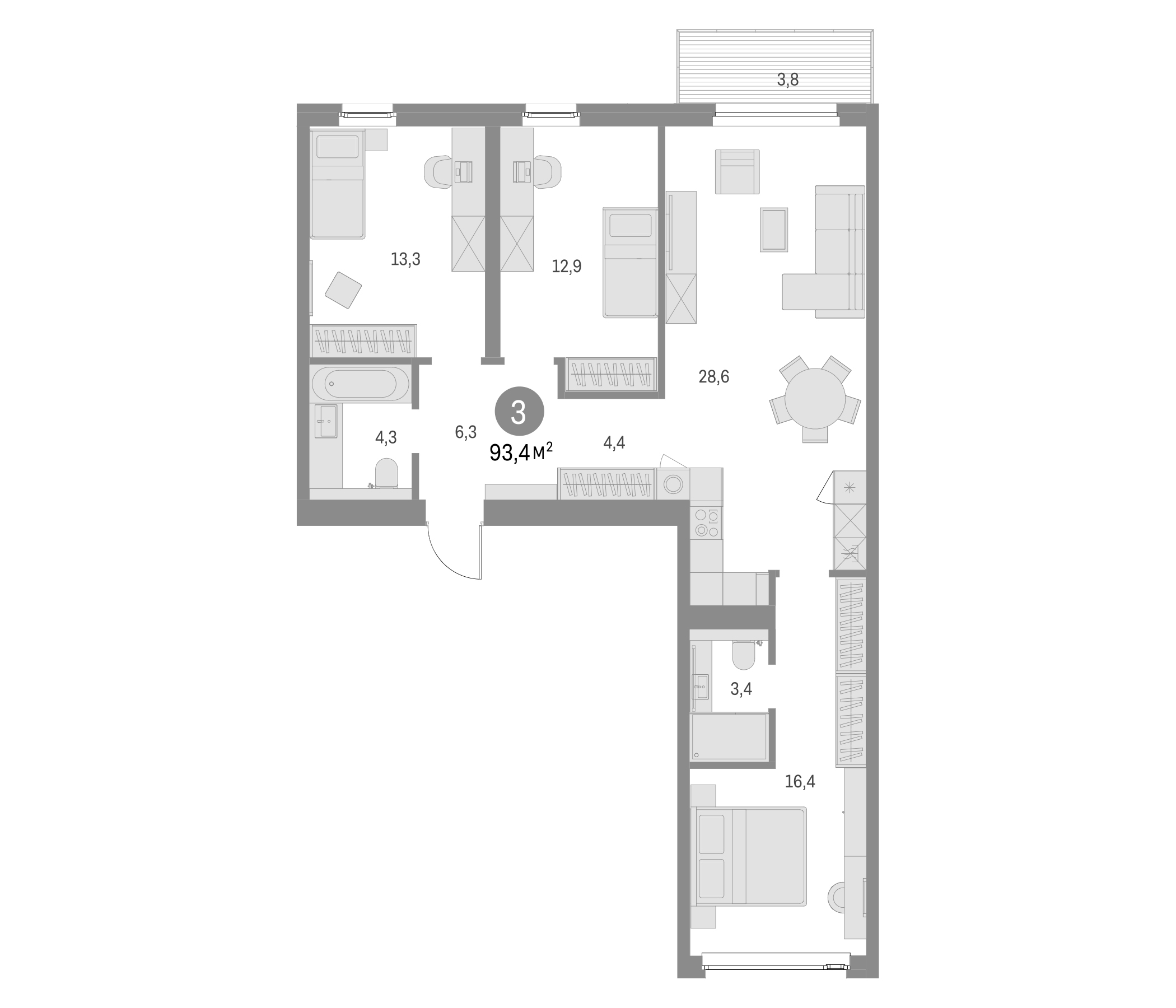 Планировка — Северный ветер, 3-комн., 90 м²