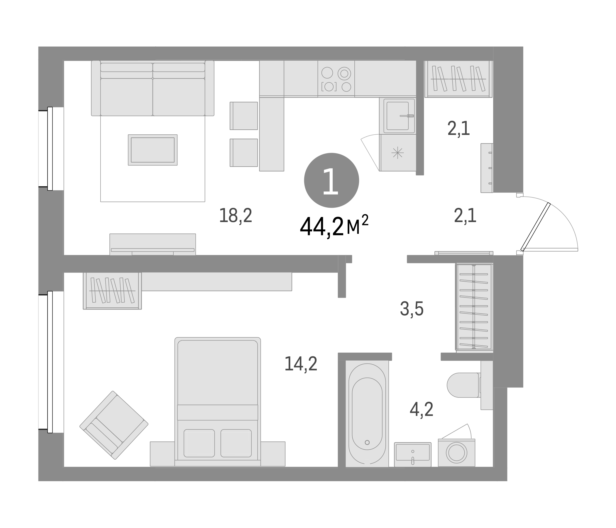 Планировка — Северный ветер, 1-комн., 44 м²