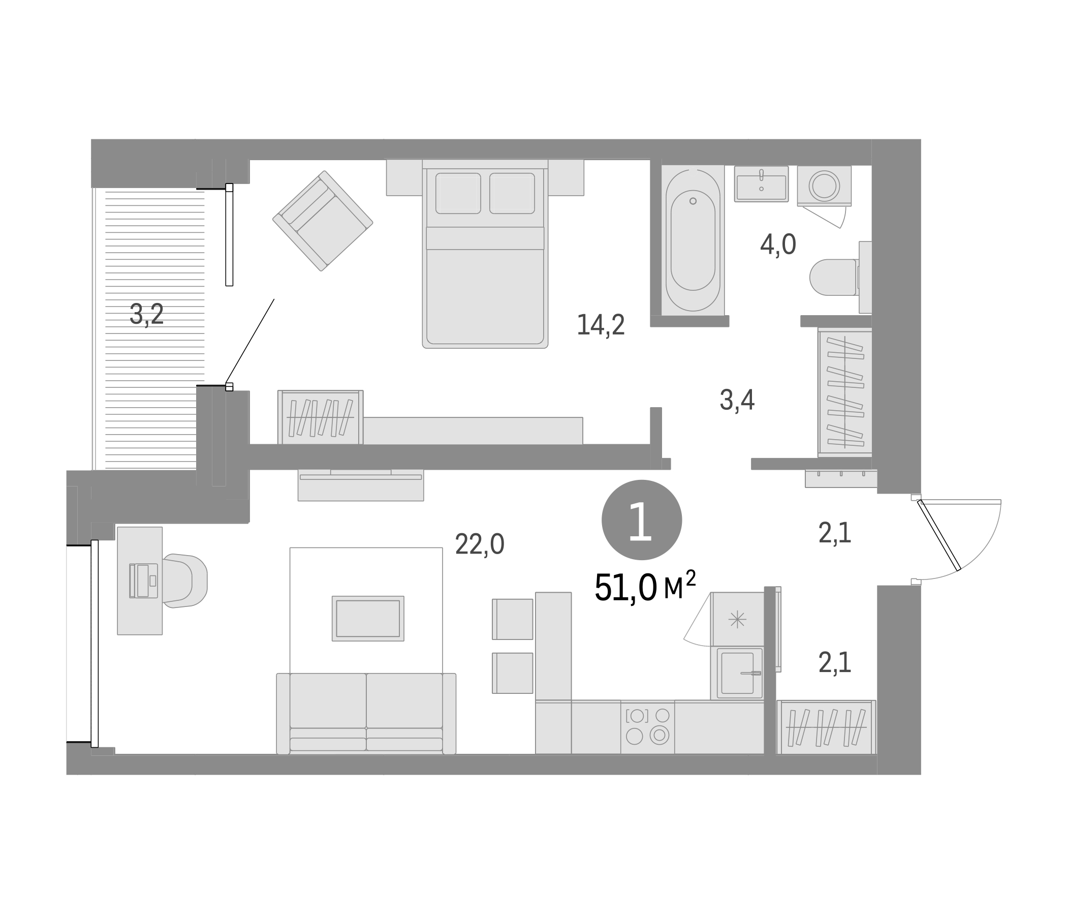 Планировка — Северный ветер, 2-комн., 48 м²