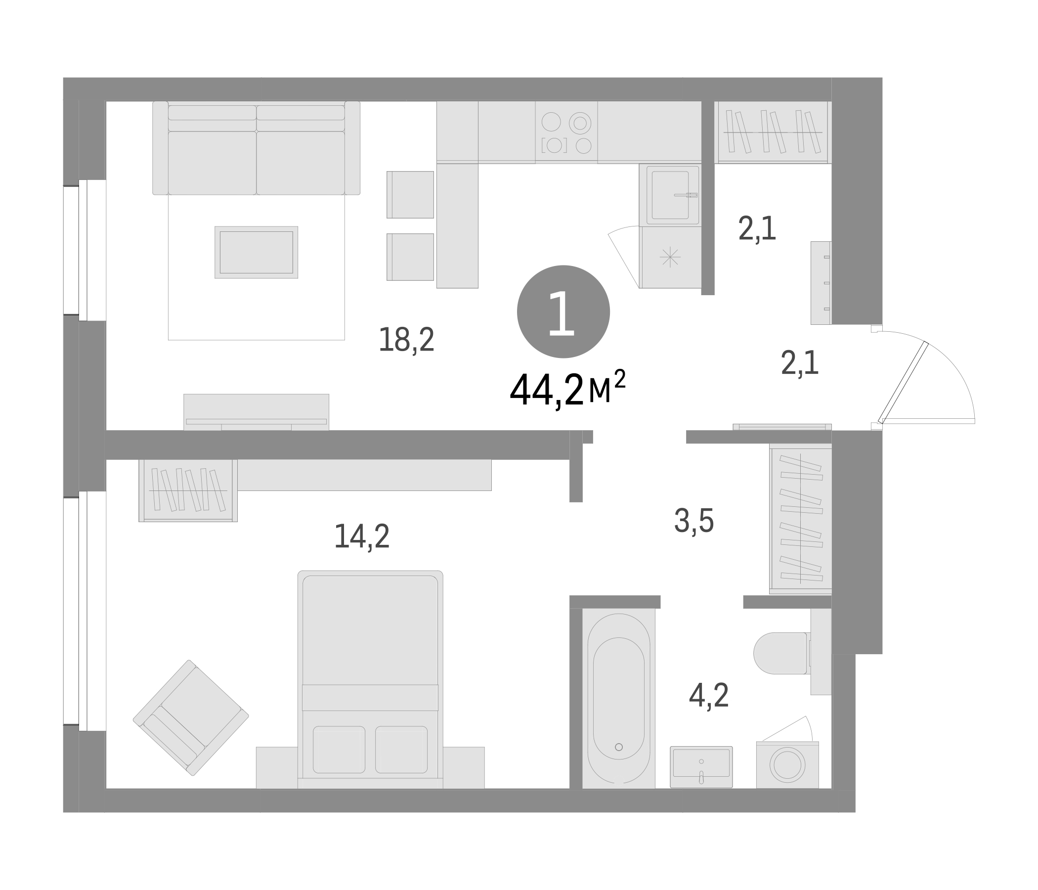 Планировка — Северный ветер, 1-комн., 44 м²