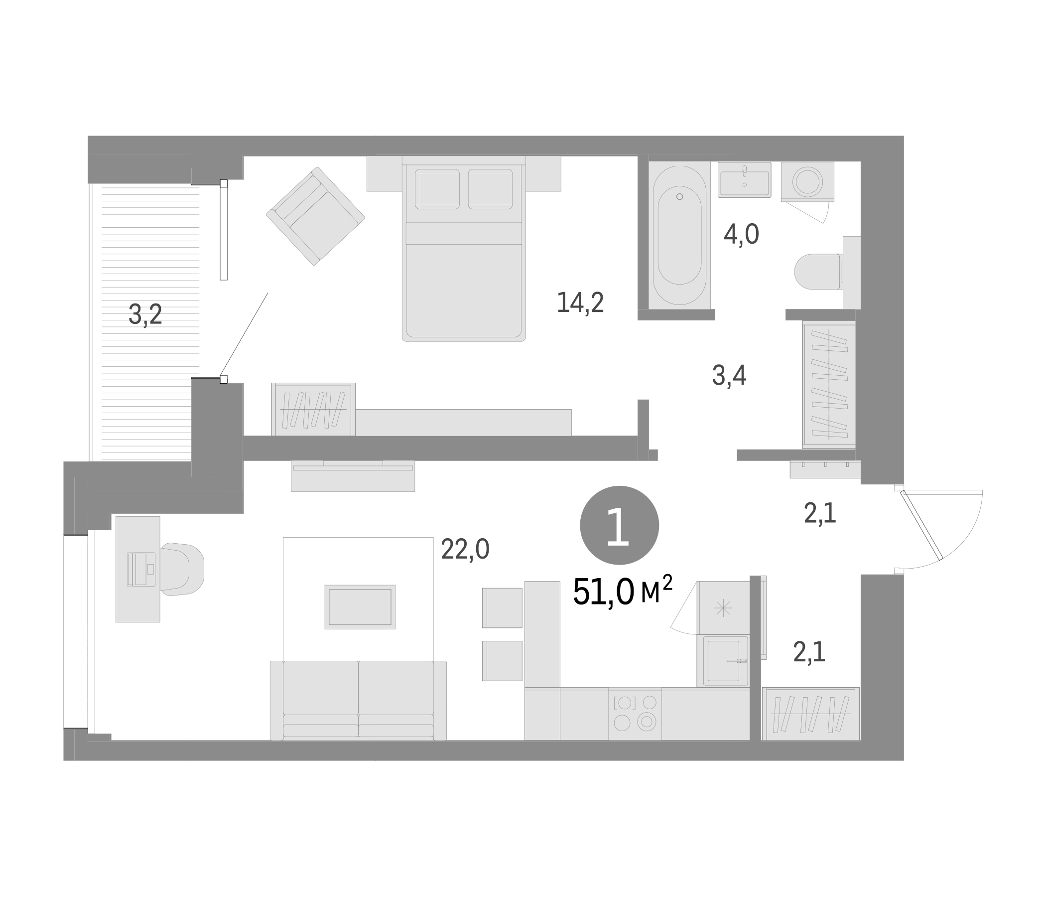 Планировка — Северный ветер, 2-комн., 48 м²
