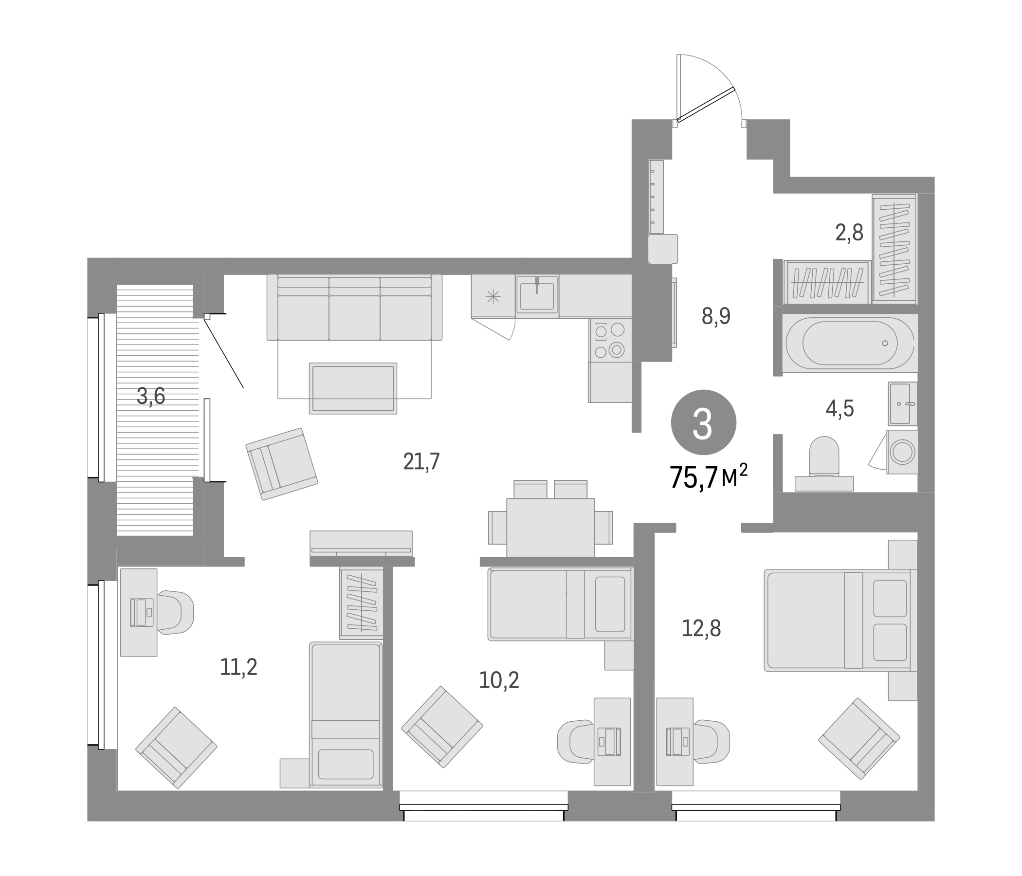 Планировка — Северный ветер, 3-комн., 72 м²