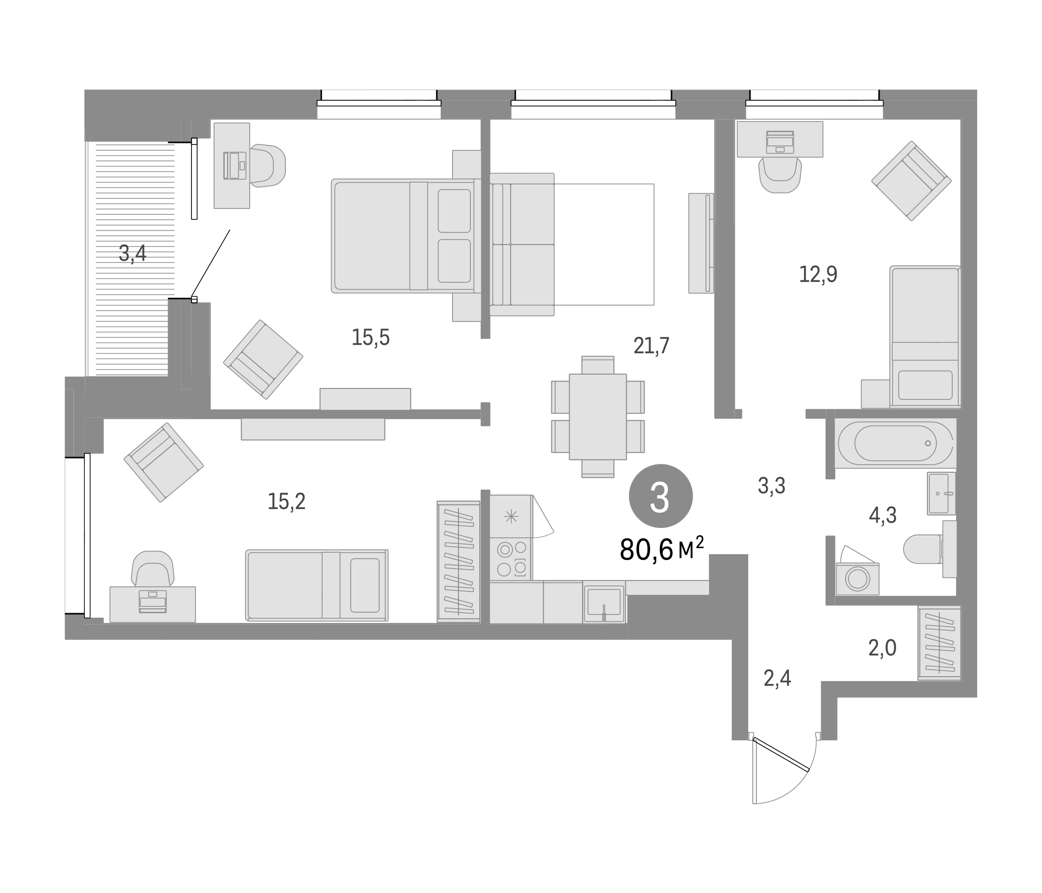 Планировка — Северный ветер, 3-комн., 77 м²