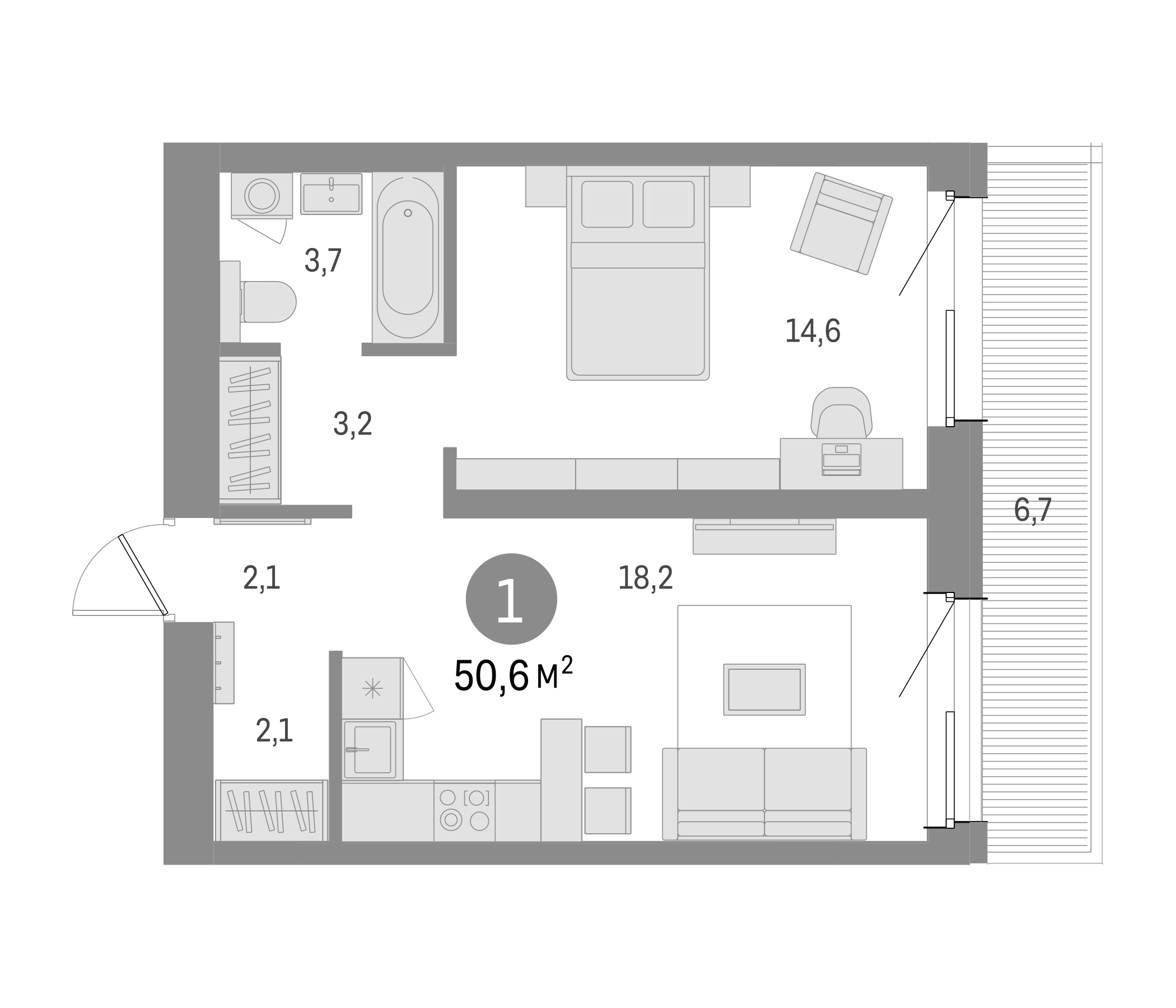 Планировка — Северный ветер, 1-комн., 44 м²