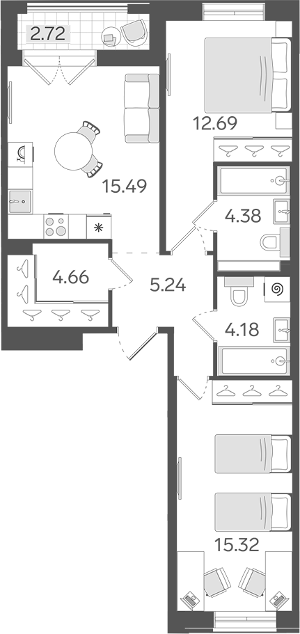 Планировка — STAVNI Обводный, 3-комн., 62 м²