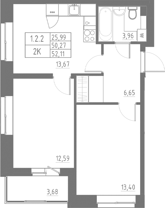 Планировка — Аквилон Солар, 2-комн., 50 м²