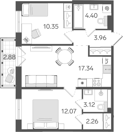 Планировка — STAVNI Обводный, 3-комн., 54 м²