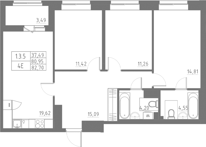 Планировка — Аквилон Солар, 4-комн., 81 м²