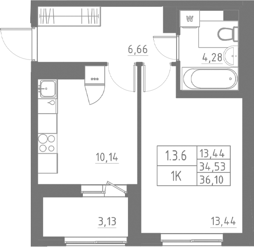Планировка — Аквилон Солар, 1-комн., 35 м²