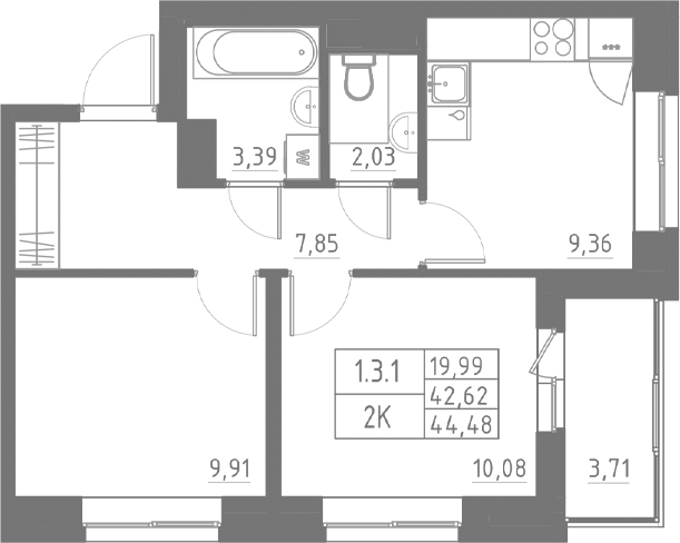 Планировка — Аквилон Солар, 2-комн., 43 м²
