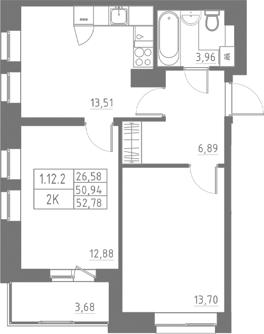 Планировка — Аквилон Солар, 2-комн., 50 м²
