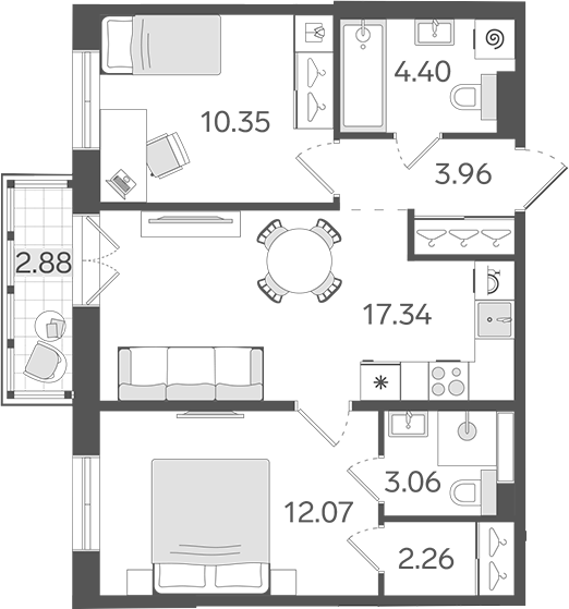 Планировка — STAVNI Обводный, 3-комн., 53 м²