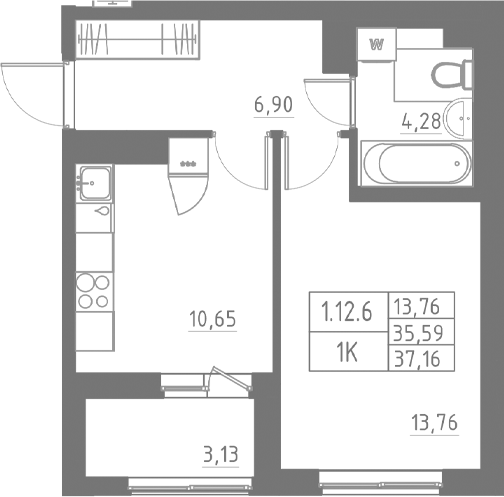 Планировка — Аквилон Солар, 1-комн., 35 м²