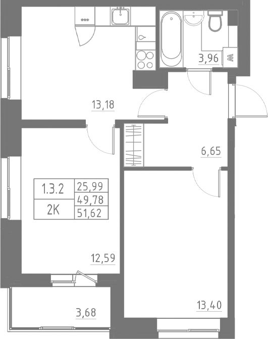 Планировка — Аквилон Солар, 2-комн., 50 м²