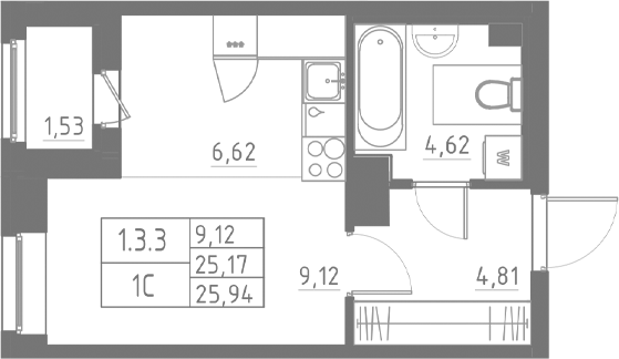 Планировка — Аквилон Солар, Студия, 25 м²