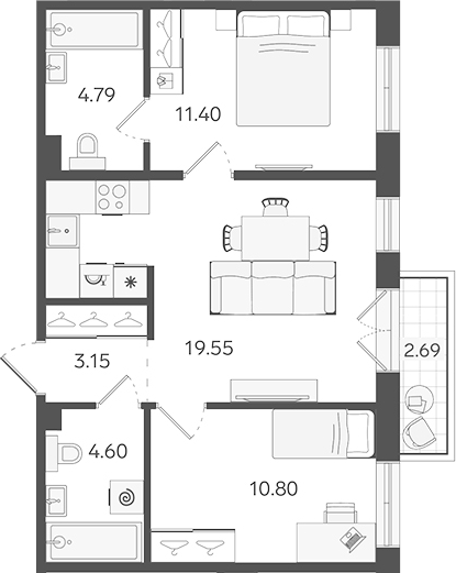 Планировка — STAVNI Обводный, 3-комн., 54 м²