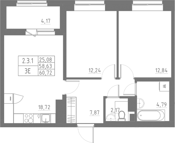 Планировка — Аквилон Солар, 3-комн., 59 м²