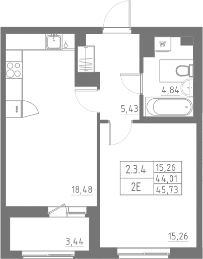 Планировка — Аквилон Солар, 2-комн., 44 м²
