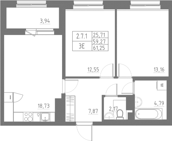 Планировка — Аквилон Солар, 3-комн., 59 м²