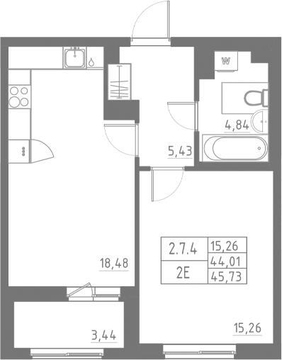 Планировка — Аквилон Солар, 2-комн., 44 м²