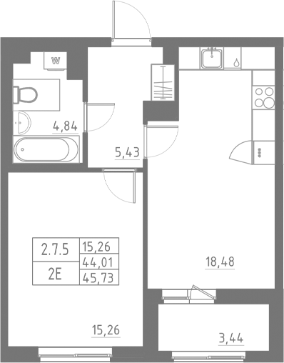 Планировка — Аквилон Солар, 2-комн., 44 м²