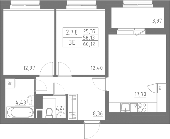 Планировка — Аквилон Солар, 3-комн., 58 м²