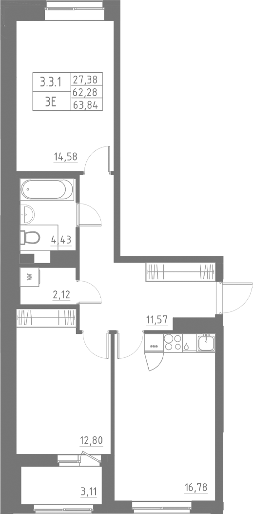 Планировка — Аквилон Солар, 3-комн., 62 м²