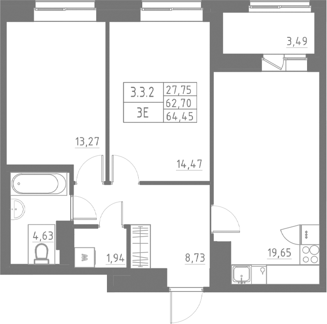 Планировка — Аквилон Солар, 3-комн., 63 м²