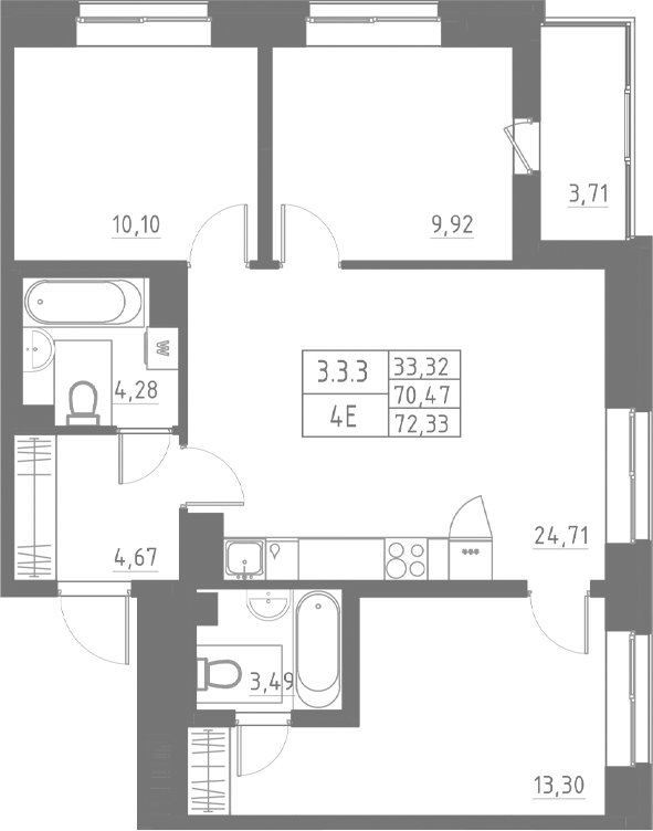 Планировка — Аквилон Солар, 4-комн., 70 м²