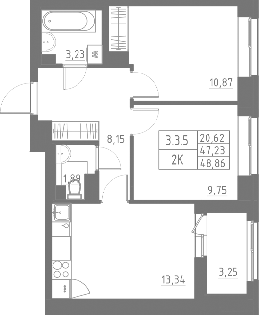 Планировка — Аквилон Солар, 3-комн., 47 м²