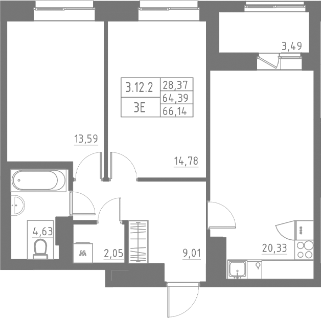 Планировка — Аквилон Солар, 3-комн., 63 м²