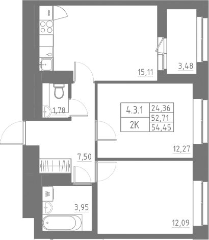 Планировка — Аквилон Солар, 2-комн., 53 м²