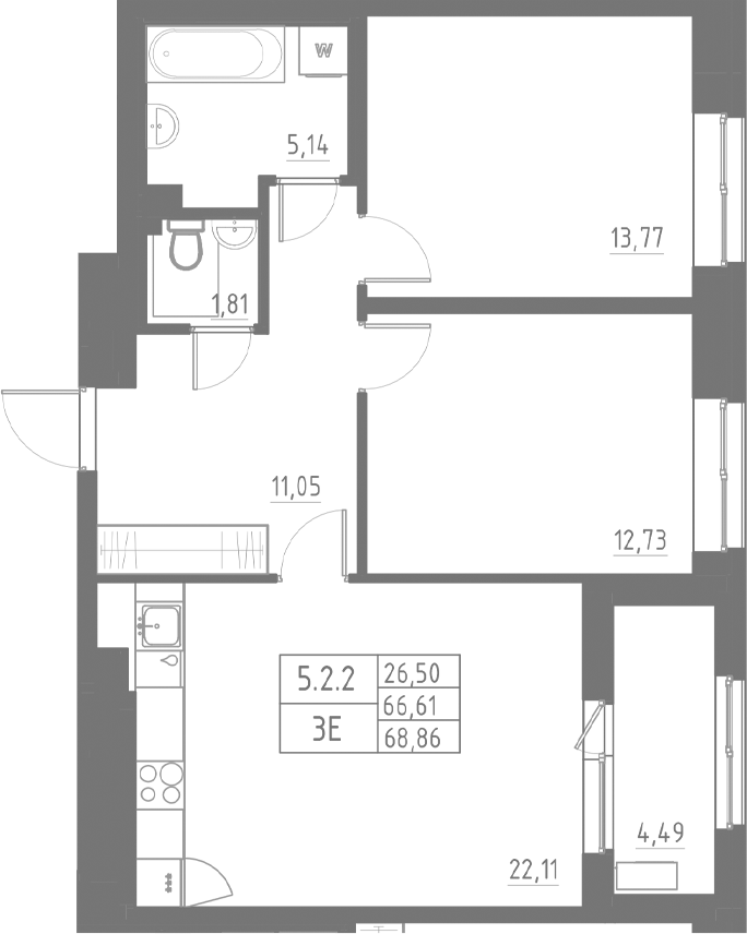 Планировка — Аквилон Солар, 3-комн., 67 м²