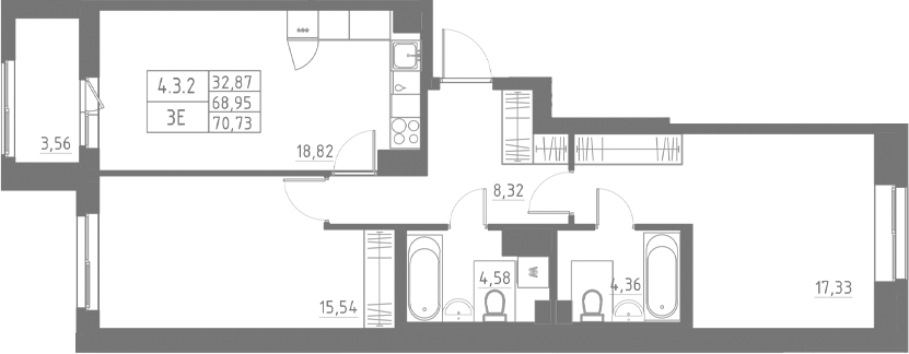 Планировка — Аквилон Солар, 3-комн., 69 м²