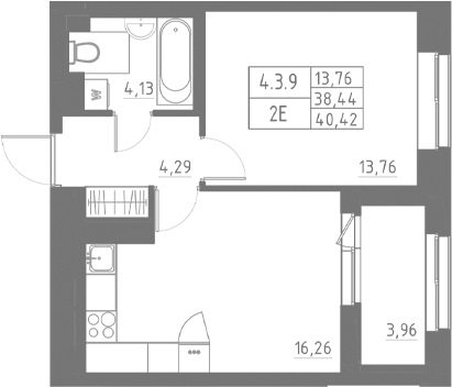 Планировка — Аквилон Солар, 2-комн., 38 м²