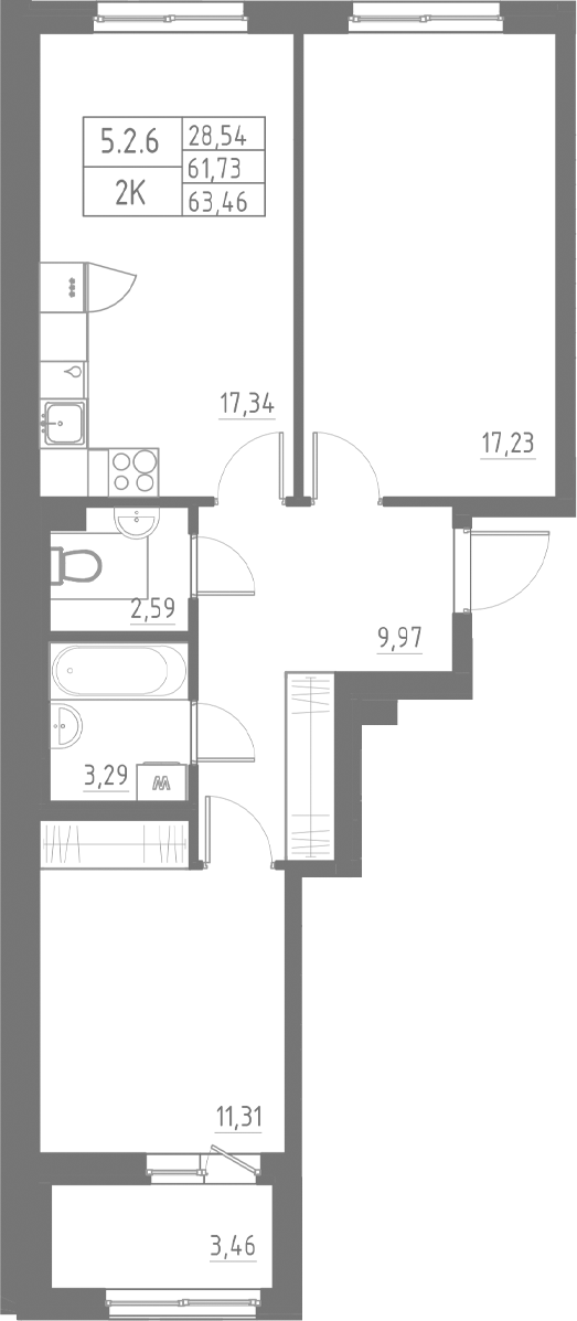 Планировка — Аквилон Солар, 2-комн., 63 м²