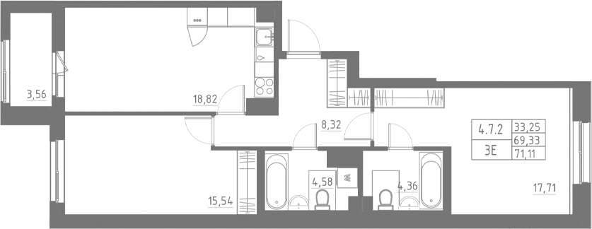 Планировка — Аквилон Солар, 3-комн., 69 м²