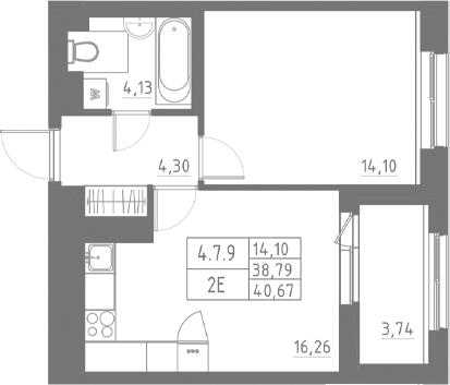 Планировка — Аквилон Солар, 2-комн., 39 м²