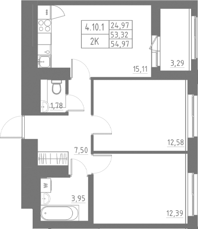 Планировка — Аквилон Солар, 2-комн., 53 м²