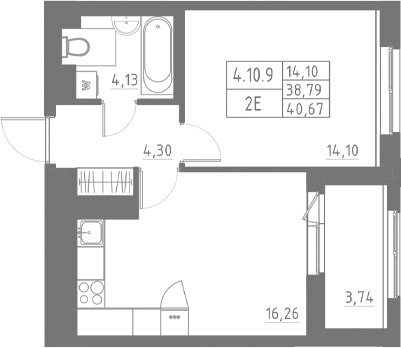 Планировка — Аквилон Солар, 2-комн., 39 м²