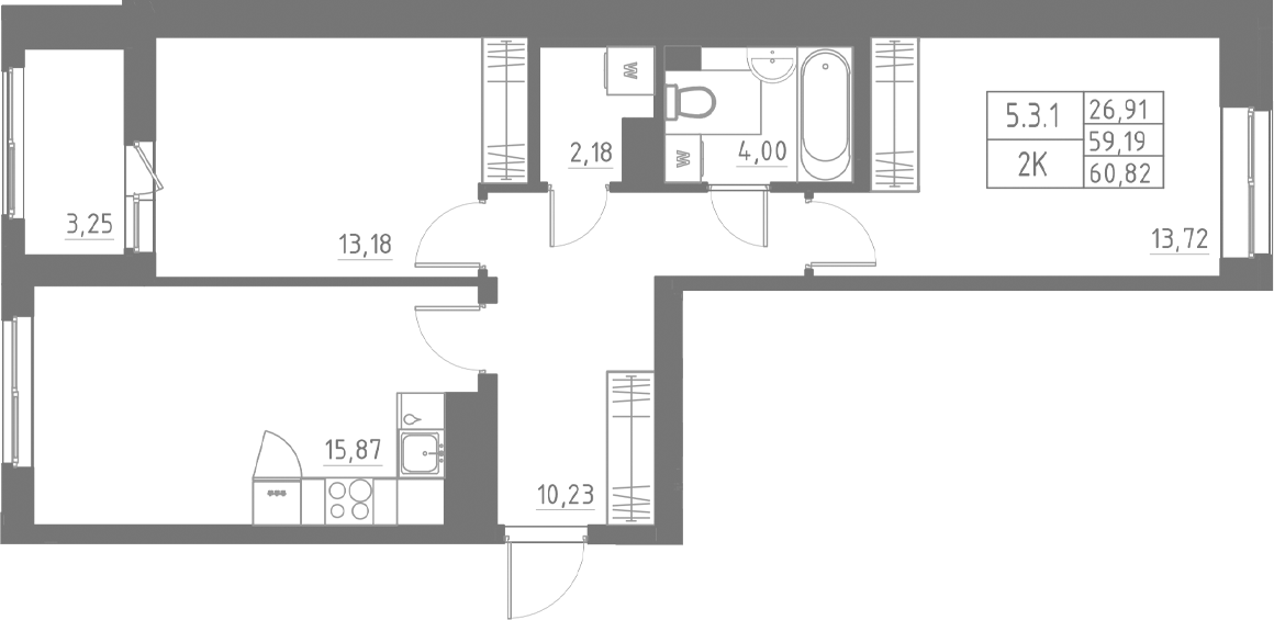 Планировка — Аквилон Солар, 2-комн., 59 м²