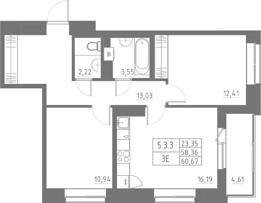Планировка — Аквилон Солар, 3-комн., 58 м²