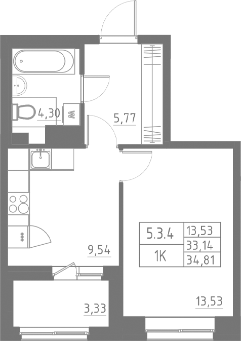 Планировка — Аквилон Солар, 1-комн., 33 м²