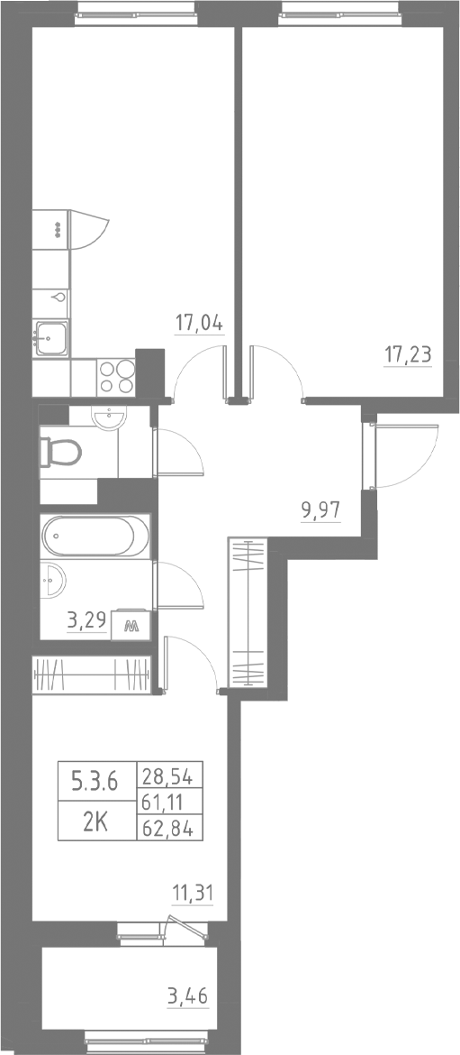 Планировка — Аквилон Солар, 2-комн., 62 м²
