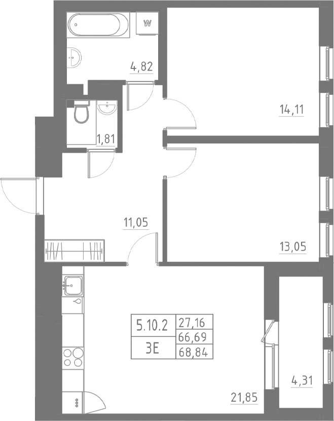 Планировка — Аквилон Солар, 3-комн., 67 м²