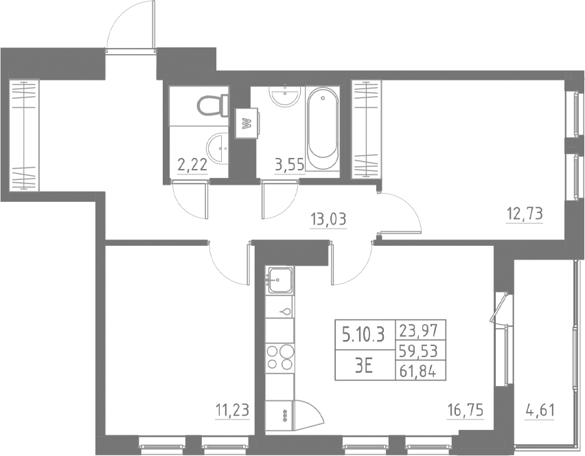 Планировка — Аквилон Солар, 3-комн., 60 м²