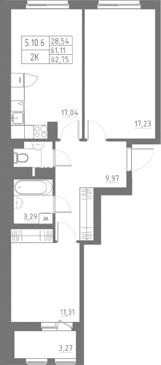 Планировка — Аквилон Солар, 2-комн., 61 м²