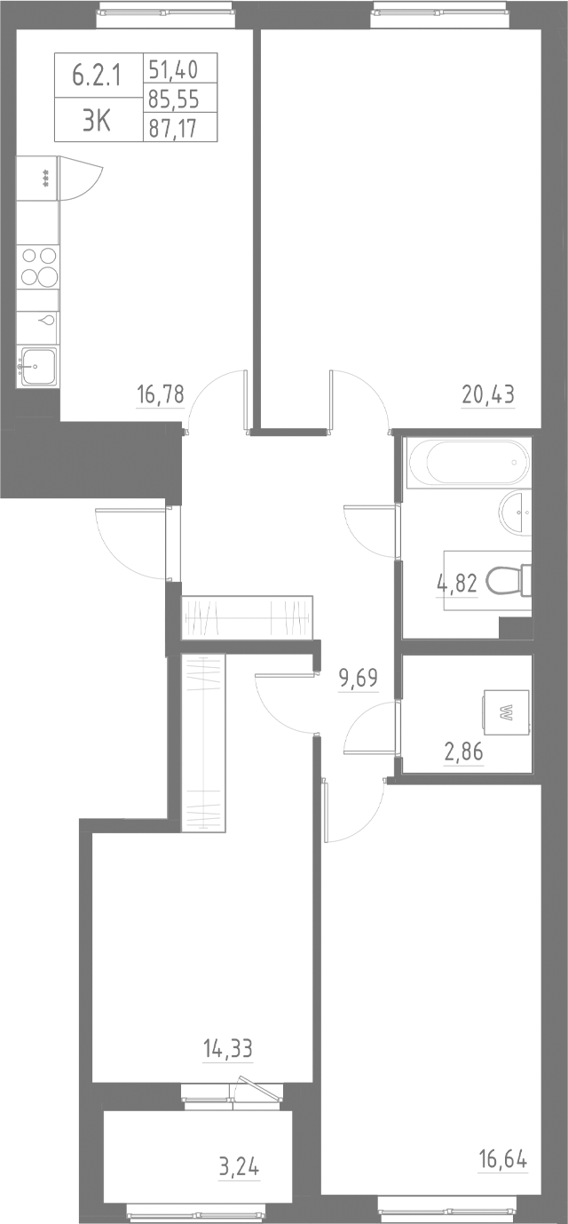 Планировка — Аквилон Солар, 3-комн., 86 м²