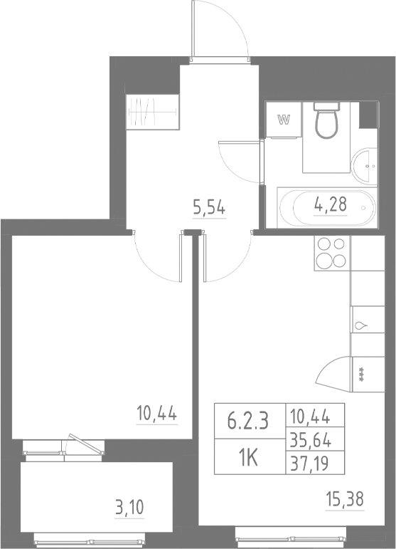 Планировка — Аквилон Солар, 1-комн., 36 м²