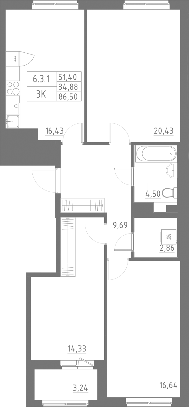 Планировка — Аквилон Солар, 3-комн., 85 м²